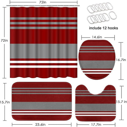 Bathroom Sets with Shower Curtain and Rugs, 4 Pcs, Abstract Stripes | Vintage Modern Burgundy Bathroom Decor Set with Toilet Lid Cover, Non-Slip Bath Mats and Accessories 12 Hooks
