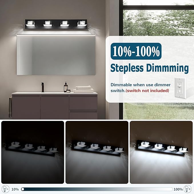 Joossnwell Black Vanity Light for Bathroom (4-Light, 28-Inch) Crystal Bath Light Fixtures 5CCT Dimmable Modern Led Bathroom Light Over Mirror with 350°Rotatable Head