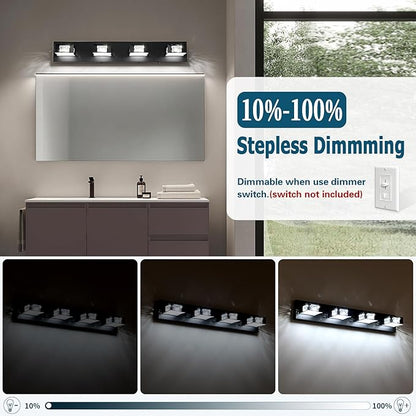 Joossnwell Black Vanity Light for Bathroom (4-Light, 28-Inch) Crystal Bath Light Fixtures 5CCT Dimmable Modern Led Bathroom Light Over Mirror with 350°Rotatable Head