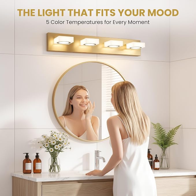 Bathroom Vanity Light, 4-Light 31 Inch Brushed Gold 5CCT 2700-6500K LED Bathroom Light Fixtures Over Mirror, Vanity Lighting Modern Bath Wall Sconce for Mirror Bedroom Living Room