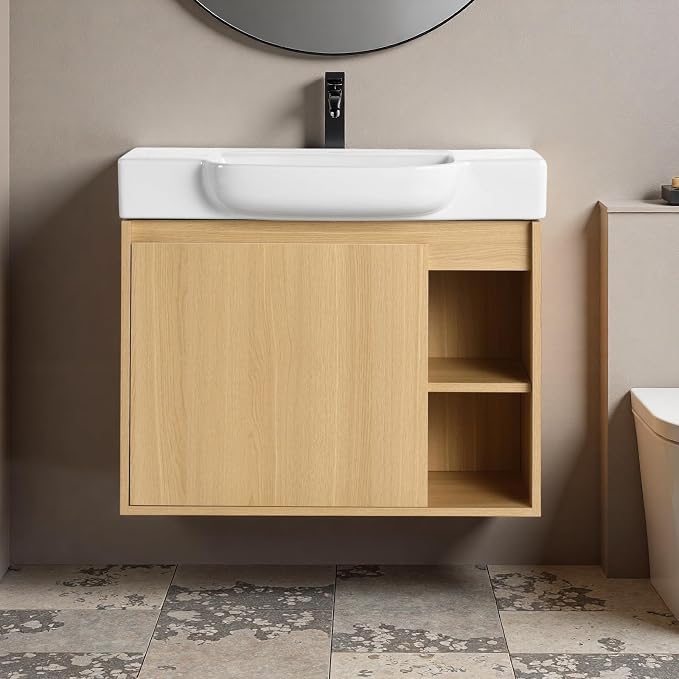 28" Bathroom Vanity with Ceramic Sink, Farmhouse Cabinet, Light Oak | Ceramic Sink, Soft-Close Door, Interior Compartment and 2-Tier Open Side Shelves, 45° Inclined Edge Handle