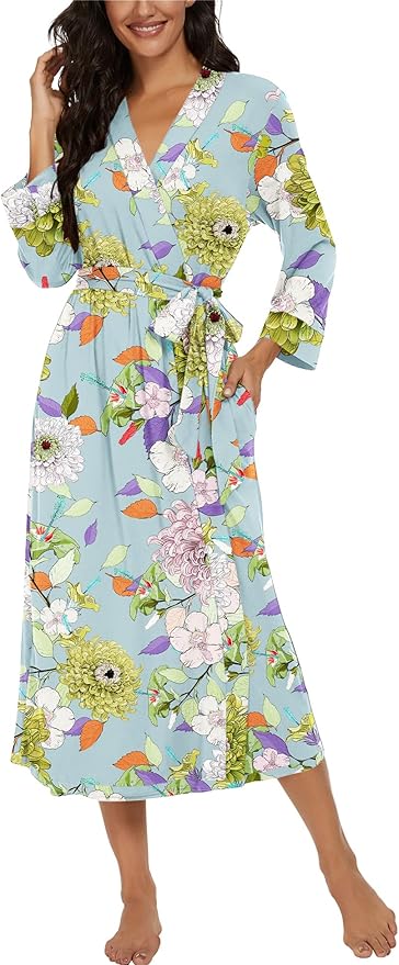 VINTATRE Women Kimono Robes Long Knit Bathrobe Lightweight Soft Knit Sleepwear V-neck Casual Ladies Loungewear