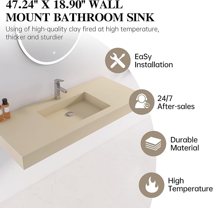 47"X19" Bathroom Sink with Single Faucet Hole, Stone Resin Wall-Mount or Countertop Vessel Sink, Rectangle Solid Surface Floating Sink with Mounting Screws, Latte Color