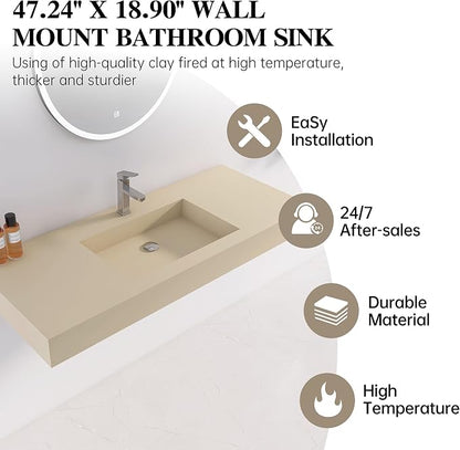 47"X19" Bathroom Sink with Single Faucet Hole, Stone Resin Wall-Mount or Countertop Vessel Sink, Rectangle Solid Surface Floating Sink with Mounting Screws, Latte Color