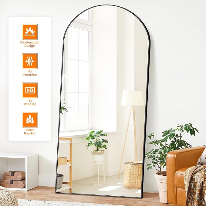 Arched Full Length Mirror, 75"x35" Standing Body Mirror for Wall, Black | Built-in Stand, HD Shatterproof Glass, Aluminum Alloy Frame, Hanging or Standing, for Bedroom, Living Room & Dressing Room