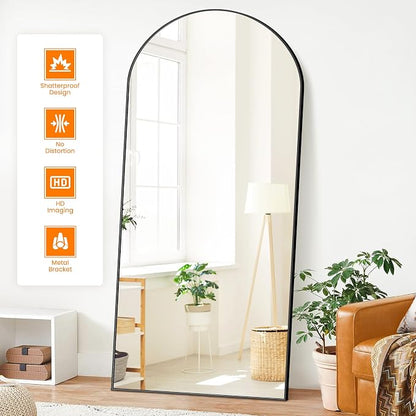 Arched Full Length Mirror, 75"x35" Standing Body Mirror for Wall, Black | Built-in Stand, HD Shatterproof Glass, Aluminum Alloy Frame, Hanging or Standing, for Bedroom, Living Room & Dressing Room