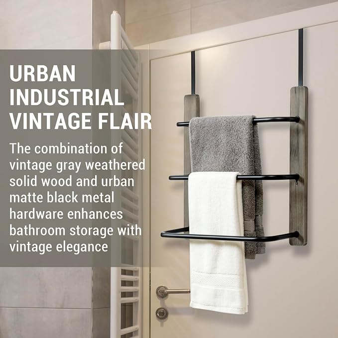 MyGift Over The Door Towel Rack for Bathroom, Vintage Gray Weathered Solid Wood 3 Tier Matte Black Metal Bars, Space Saving Hand Towel Holder, Over Shower Door Towel Drying Rack for Bath Towels