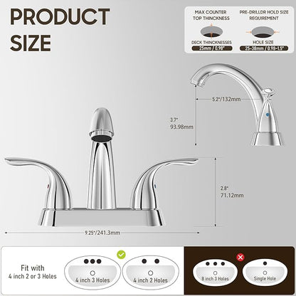 Phiestina Chrome 4 Inch 2 Handle Centerset 2 or 3 Holes Bathroom Faucet, Vanity Sink Faucet with Copper Pop Up Drain and Water Supply Lines, BF008-5-C