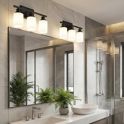 Ascher Bathroom Light Fixtures, 3-Light Vanity Light Over Mirror, Modern Matte Black Wall Sconces with Milky White Shades, Wall Lamp for Kitchen Hallway Cabinet Porch E26 Base