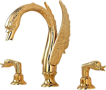 Golden Gold Ornate Swan Style Bathroom Sink Faucet Combo Deck Mount Sink Mixer Tap Set Hot Cold Water