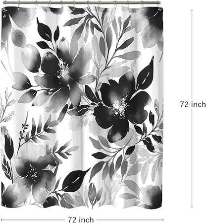 Floral Shower Curtain, Black Watercolor Flower Shower Curtains for Bathroom, Modern Minimalist Waterproof Fabric Bath Decoration 72x72 Inch