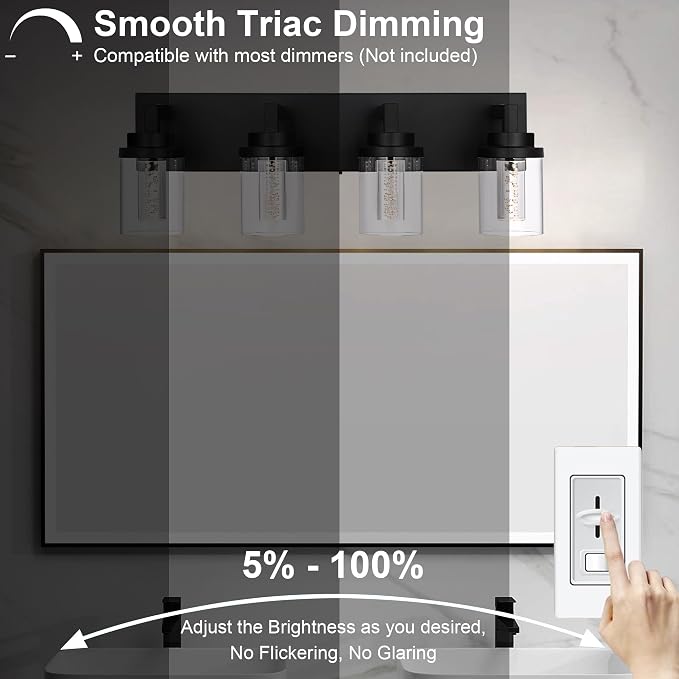 MELUCEE 4-Light Dimmable Black Vanity Lights for Bathroom 3000K-6000K | 5 Color Temperature Bubble Crystal LED Bathroom Lighting Fixtures Over Mirror,LED Wall Sconce with Clear Glass Shade