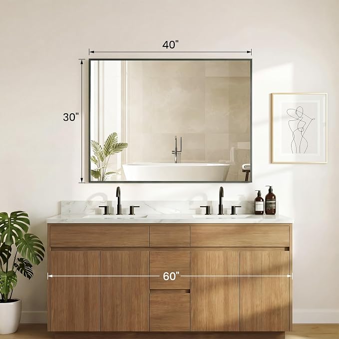 NEWBULIG Bathroom Wall Mirror, Vanity Mirror, 30x40 Inch | Rectangle Metal Frame, Tempered Glass, Over Sink Entryway, Living Room Hang, Anti-Rust, Black