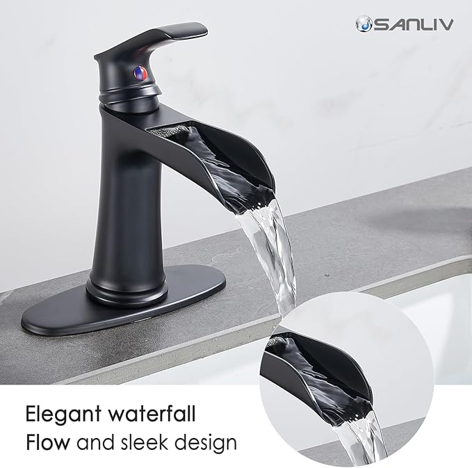 Black Waterfall Bathroom Faucet, Sanliv Single Handle Bathroom Faucets for Sinks 1 or 3 Hole (4 inch) Hotel Vanity Faucet with Deckplate & Pop-Up Drain, Matte Black
