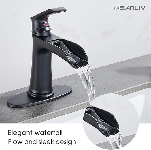 Black Waterfall Bathroom Faucet, Sanliv Single Handle Bathroom Faucets for Sinks 1 or 3 Hole (4 inch) Hotel Vanity Faucet with Deckplate & Pop-Up Drain, Matte Black