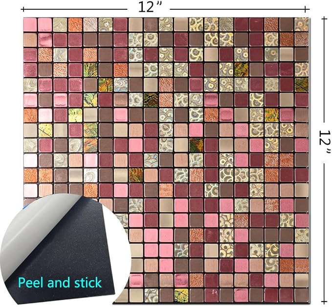 10 Sheets Peel and Stick Backsplash Tile for Kitchen, Self Adhesive wall Tiles, Stick on Bathroom Vanities, Fireplace Decor, Laundry Table (Red Mixed)