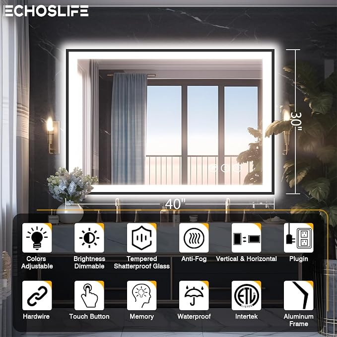 EchosLife 40x30 LED Lights Bathroom Mirror - Black Aluminum Rimmed | Black Frame, Front and Backlit, Anti-Fog, Stepless Dimmable, 3 Colors, Memory, Tempered Glass, UL Listed, Horizontal/Vertical