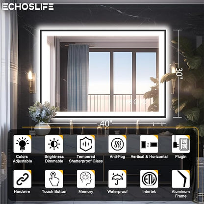 EchosLife 40x30 LED Lights Bathroom Mirror - Black Aluminum Rimmed | Black Frame, Front and Backlit, Anti-Fog, Stepless Dimmable, 3 Colors, Memory, Tempered Glass, UL Listed, Horizontal/Vertical