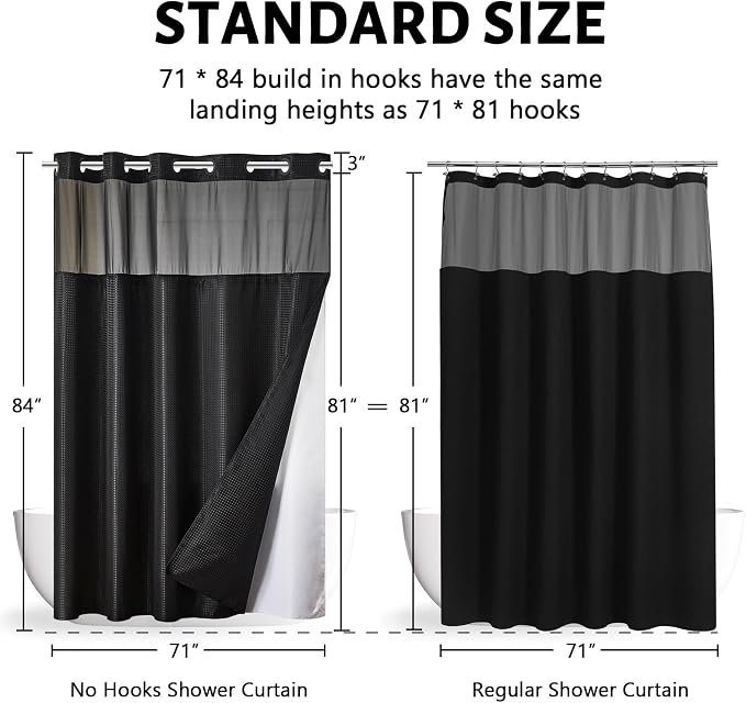 Furlinic Extra Long No Hook Waffle Weave Shower Curtain with Snap in Fabric Liner Set,Heavy Duty Bathroom Curtains with See Through Window,Machine Washable & Waterproof,Black,71x84 Inch