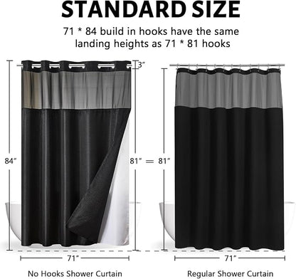 Furlinic Extra Long No Hook Waffle Weave Shower Curtain with Snap in Fabric Liner Set,Heavy Duty Bathroom Curtains with See Through Window,Machine Washable & Waterproof,Black,71x84 Inch