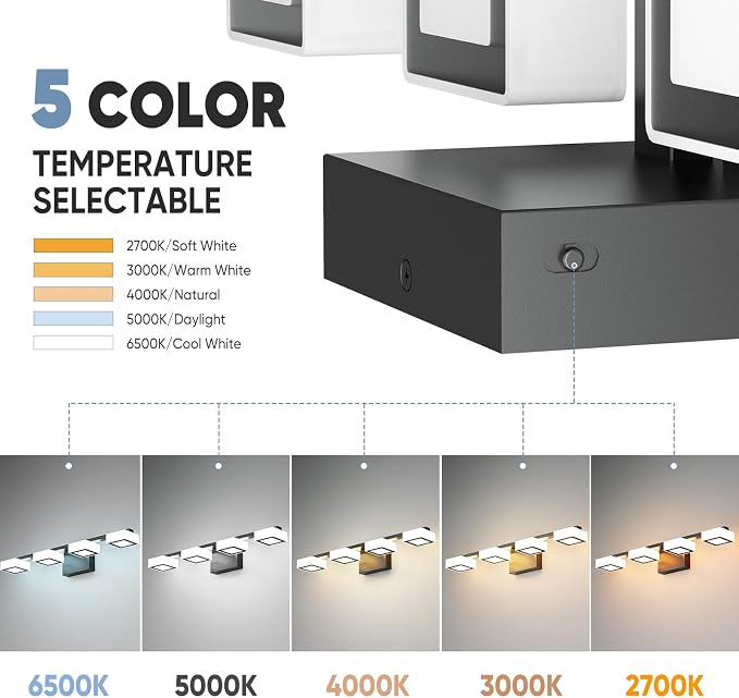LED Modern Bathroom Light Fixtures Over Mirror, 4-Light Dimmable Vanity Lights, Matte Black Acrylic Bathroom Vanity Light, 2700K-6500K Adjustable, ETL Certificated