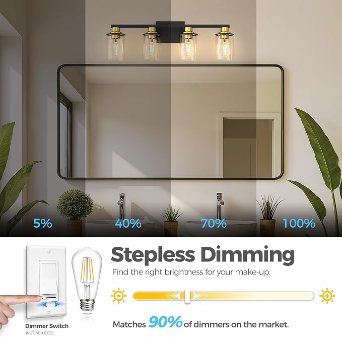 DORESshop 4-Light Black and Gold Bathroom Light Fixture with 4 Bulbs | Modern Vanity Mirror Light, Black Gold Vanity Light Fixture With Glass Shade and Bulbs, Wall Sconce for Bedroom Hallway