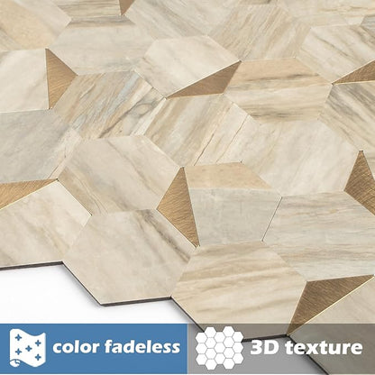 20 Sheets Hexagon Peel and Stick Backsplash for Kitchen Wall, Heat Resistant Stick on Backsplash PVC Smart Tiles, 12'' Beige Marble Waterproof Peel and Stick Wall Tiles for Bathroom