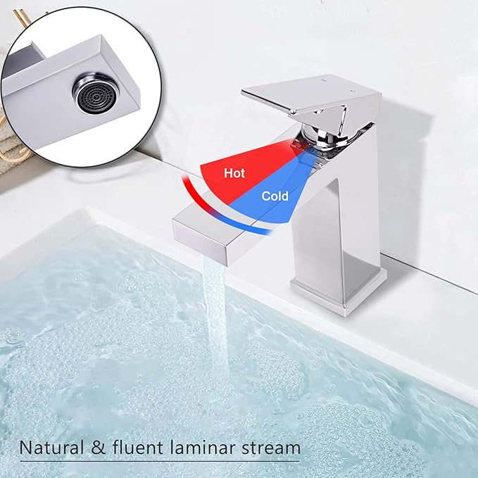Solid Brass Chrome Bathroom Faucet, Bathroom Sink Faucet for 1 Hole,CEC & cUPC Certified Lead-Free Single Handle Vanity Faucet with Two Flexible Hoses(Hot and Cold) & Pop Up Drain Stopper