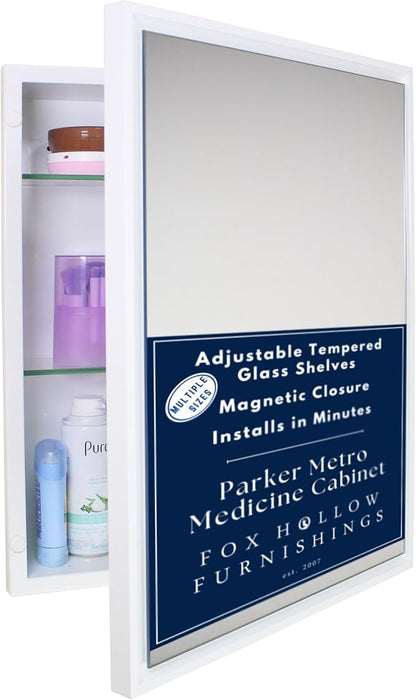 Fox Hollow Furnishings 16x20 Parker Metro Metal Framed Rectangle Recessed Bathroom Medicine Cabinet, Floating Mirror, 14x24 in-Wall Opening, Steel, Adjustable Glass Shelves, Magnet Close, White