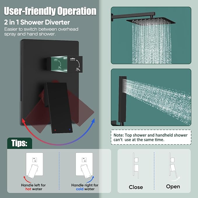 Gabrylly Rain Shower Head with Handheld Spray Combo, 10", Matte Black | All Metal Shower System, High Pressure Rainfall Shower Faucet Set, Solid Brass Shower Valve Complete Shower Set for Bathroom