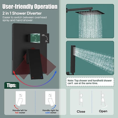 Gabrylly Rain Shower Head with Handheld Spray Combo, 10", Matte Black | All Metal Shower System, High Pressure Rainfall Shower Faucet Set, Solid Brass Shower Valve Complete Shower Set for Bathroom