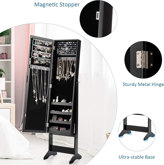 Giantex Jewelry Cabinet with Full-Length Mirror, Standing Jewelry Armoire Organizer with 64 Earring Slots, 72 Ring Slots, 20 Necklace Hooks, 4 Storage Shelves, 3 Angle Adjustable (Black)