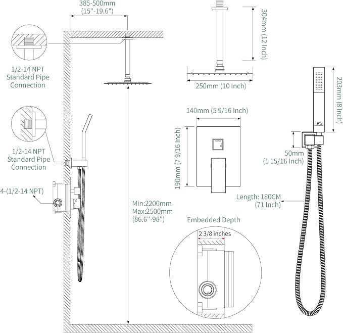 SunCleanse Rainfall Shower Faucet Set with High Pressure in Brushed Nickel | Ceiling mounted shower combo set featuring a 10" rainfall shower head, handheld spray, and rough-in shower valve.