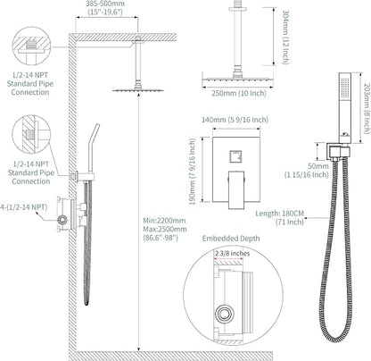 SunCleanse Rainfall Shower Faucet Set with High Pressure in Brushed Nickel | Ceiling mounted shower combo set featuring a 10" rainfall shower head, handheld spray, and rough-in shower valve.