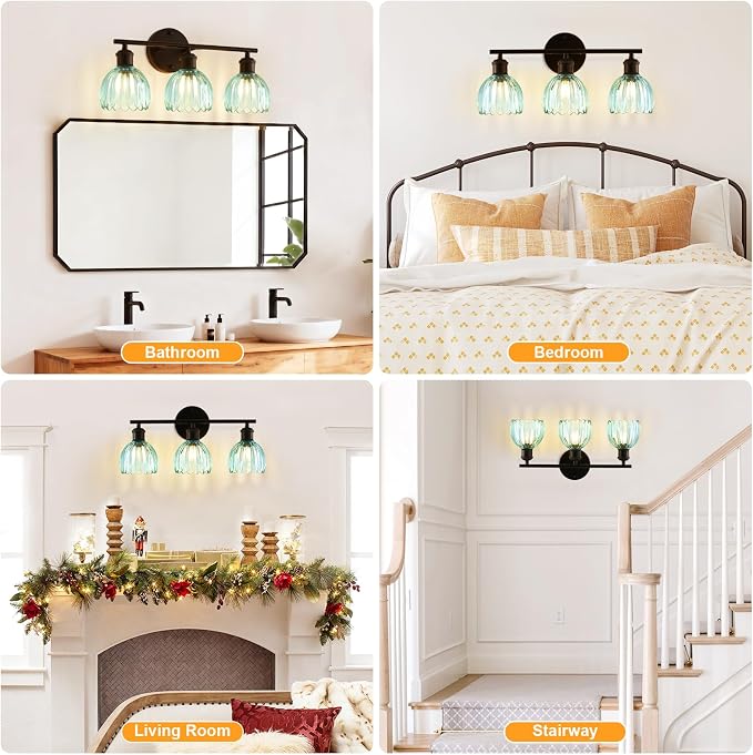 Bathroom Light Fixtures, 3-Light Brushed Black Vanity Lights for Bathroom with Blue Tulip Glass Shade, 20" Vintage Bathroom Vanity Lighting Fixtures Over Mirror for Bedroom Living Room Hallway