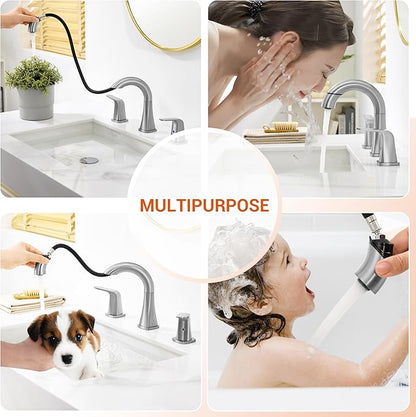 Brushed Nickel Bathroom Faucet with Sprayer - Rotatable Bathroom Faucets for Sink 3 Holes, 8In Widespread Bathroom Pull Down Faucet, 2-Handle Vanity Faucet with Pull Out Sprayer 360 Swivel