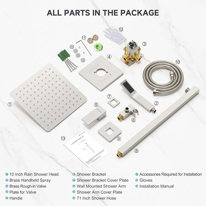 SR SUN RISE Shower Faucet Set & System - 10 Inch Rainfall Shower Head & Handle Set Wall Mounted Brushed Nickel Solid Brass Valve Trim Kit Included