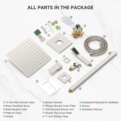 SR SUN RISE Shower Faucet Set & System - 10 Inch Rainfall Shower Head & Handle Set Wall Mounted Brushed Nickel Solid Brass Valve Trim Kit Included