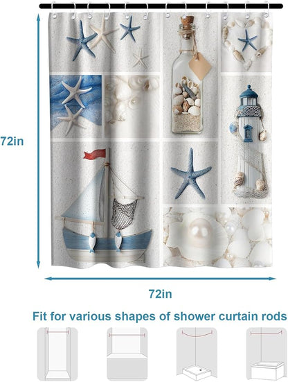 Ocean Modern Beach Shower Curtain, Rustic Luxury Coastal Nautical Kids Seashell Shower Curtains for Bathroom, Waterproof Bath Curtain with Hooks Machine Washable Bathtub Curtains 72x72 Inch Blue White