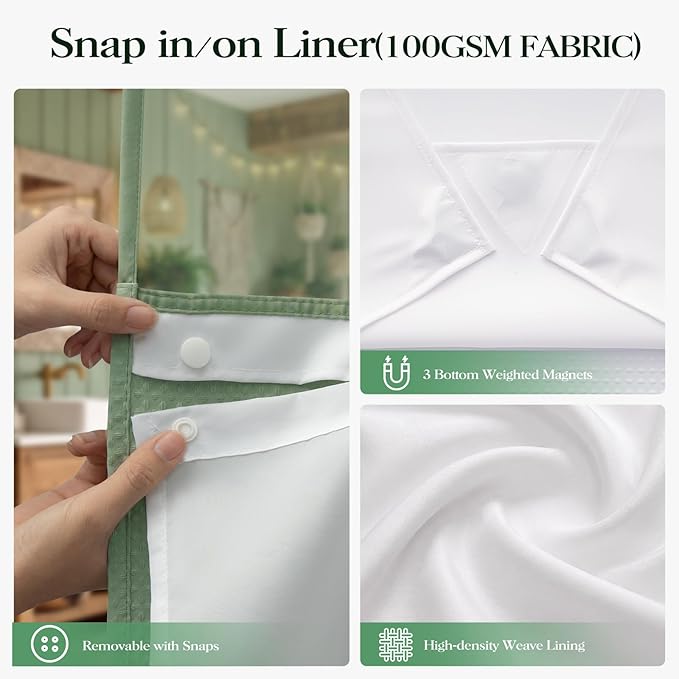 Sage Green Hook Free Waffle Shower Curtain & Snap-in Liner,72x75 | Less Time to install, 3 in 1 Fabric Shower Curtain and Liner Set with Magnets, Mesh Top Window, Shower Curtains for Bathroom
