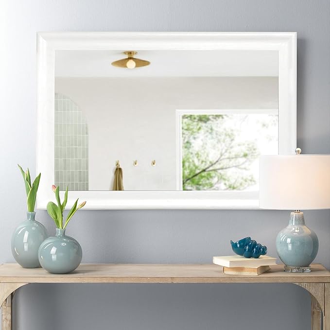 White Bathroom Mirror 24x36 Inch, Wooden Framed Rectangle Mirrors for Wall with Tempered Glassr for Bedroom Living Room or Entryway, Vertical or Horizontal Hanging