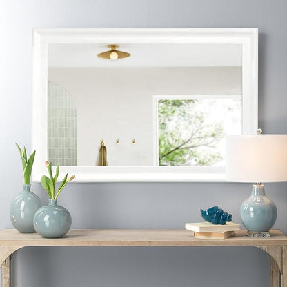 White Bathroom Mirror 24x36 Inch, Wooden Framed Rectangle Mirrors for Wall with Tempered Glassr for Bedroom Living Room or Entryway, Vertical or Horizontal Hanging