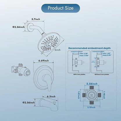 Bathtub Shower Faucet Set Wall Mounted 6 Inch 5-Spray Rainfall Shower Head with Rough-in Valve Single Handle Control Shower Trim Kit with Tub Spout, Matte Black