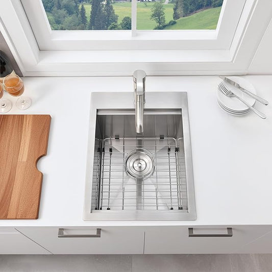 KINGO HOME Drop in Bar Sink, 15 x 20 Inch Single Bowl Small Kitchen Sink,304 Stainless Steel Topmount Wet Bar Sink Prep Sink With Grid&Drainer&Cutting Board
