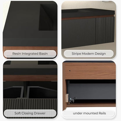 72 Inch Floating Bathroom Vanity with Double Sinks, Wall Mounted Striped Storage Cabinet, Soft Close Drawer, Black Quartz Sand Basin, Fully Assembled, Smoked Walnut Finish