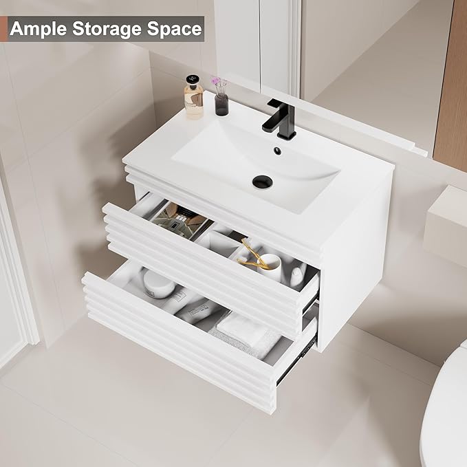 LUCKWIND 30" Floating Bathroom Vanity with Sink, Mid-Century Wall Mounted Big Drawer Cabinet with Large Sink, Water Saving Faucet and Wood Stripes Style, White