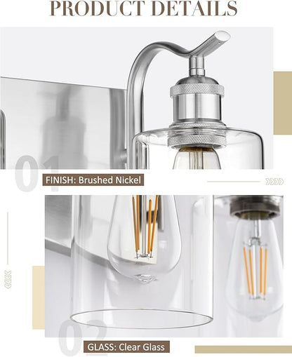 2-Light Bathroom Vanity Light, Brushed Nickel Wall Sconce, Modern Bathroom Light with Clear Glass, VL01BN-2