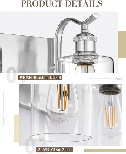 2-Light 14 Inch Bathroom Vanity Light,Clear Glass,Brushed Nickel | Over Mirror Wall Light,E26 sockets,for bathroom mirror,powder room,dressing area,wall-mounted vanity lighting