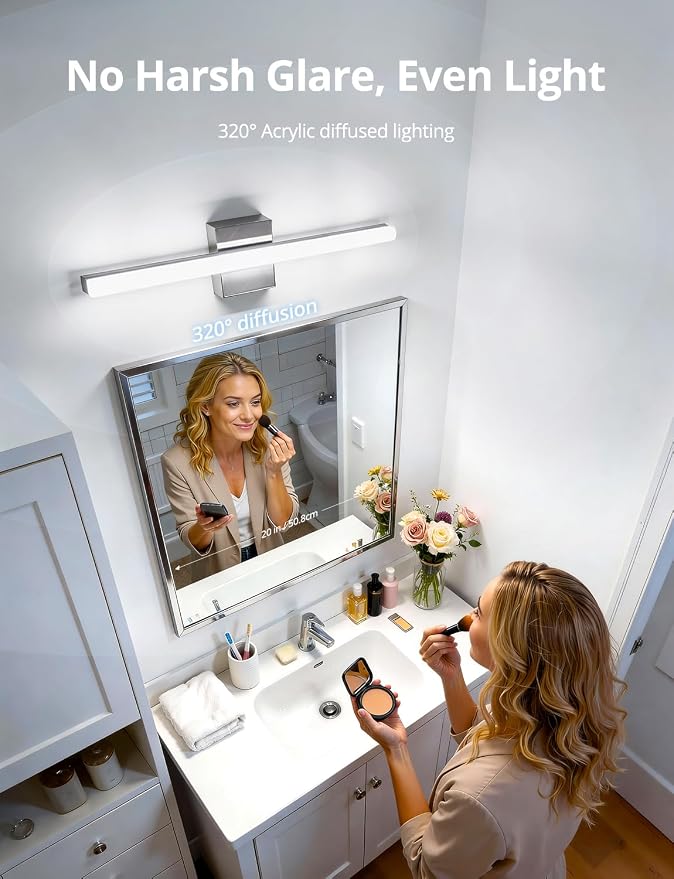 Combuh Vanity Light Fixtures for Mirror, Modern Bathroom Wall Sconce Chrome | 24 Inch Long, Soft Shadow Free, Linear Lamp Bar, Power Room, Luces para Baño, Splash-Resistant, 5 Color Adjustable, 2 Pack