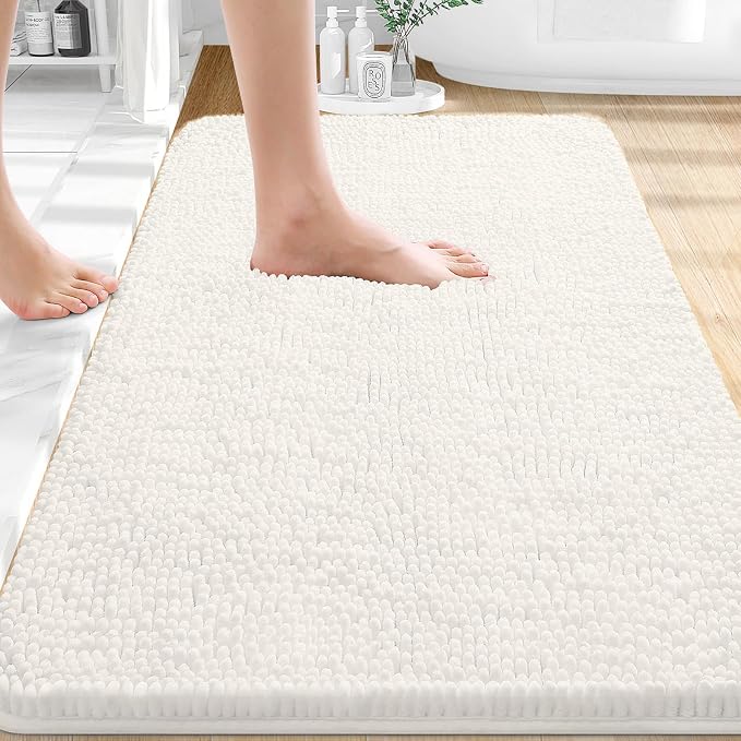 OLANLY Bathroom Rugs 36x24, Extra Soft Absorbent Chenille Bath Rugs | Ivory, Quick-Drying Rubber Backing, Machine Washable Bath Mat for Bathroom Floor, Tub and Shower, Home Decor Accessories